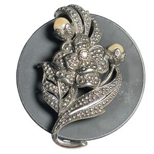 Vintage Brooch Silver K.J.L. for Avon Floral Faux Pearl Marcasite Style Pin